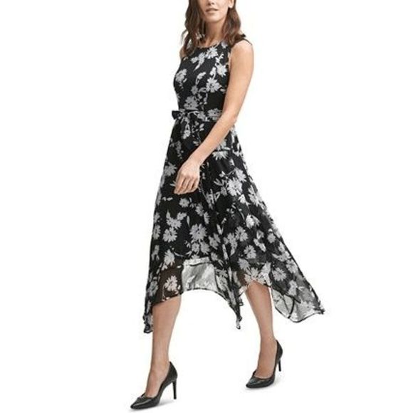 Calvin Klein Floral-Print Chiffon Handkerchief-Hem Midi Dress size 18W - Picture 2 of 12